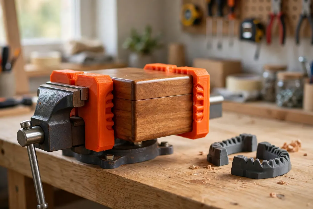 A bright home workshop scene on a light oak workbench