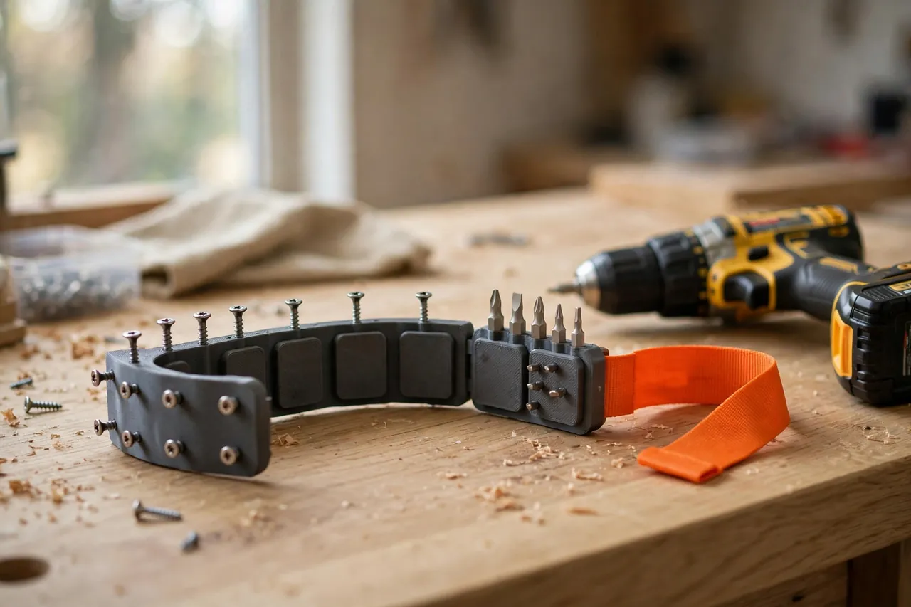 A bright home workshop scene on a light oak workbench