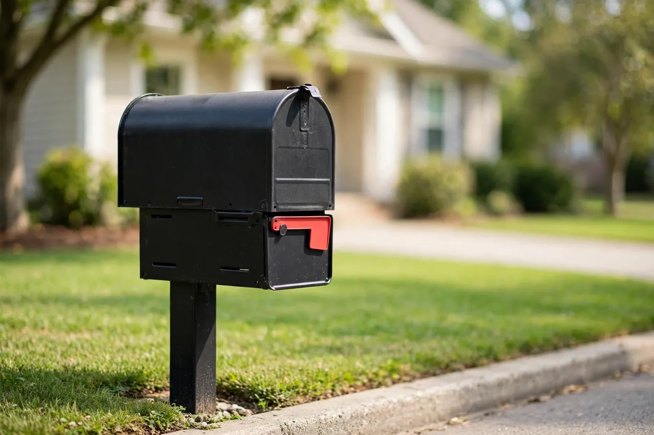 A finished mailbox at the curb with its new printed flag lowered flat against the box