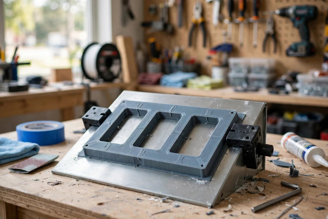 View of the finished 3D printed mailbox number template in use on a home improvement project on a workbench, tidy workshop background in soft focus, bright natural light