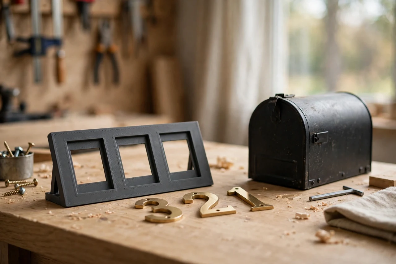 Home workshop scene on a light oak workbench, a matte charcoal-gray 3D printed mailbox number template beside mailbox numbers and a mailbox, soft natural window light, shallow depth of field