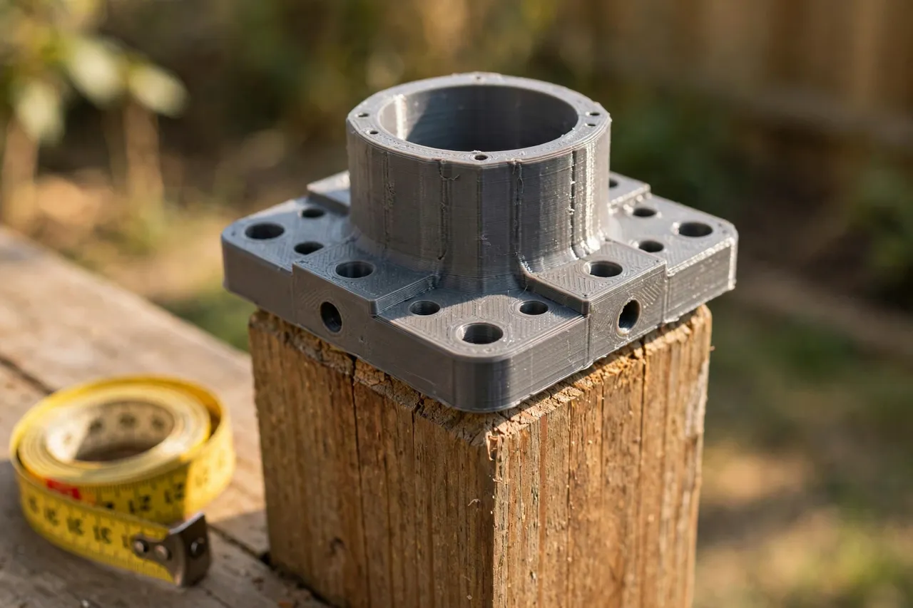Close-up view of a 3D printed mailbox post adapter being test-fitted onto the top of a square wooden post