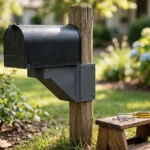 A bright sunny front-yard scene, a matte charcoal-gray 3D printed mailbox post adapter plate fitted between a black metal mailbox and a wooden post