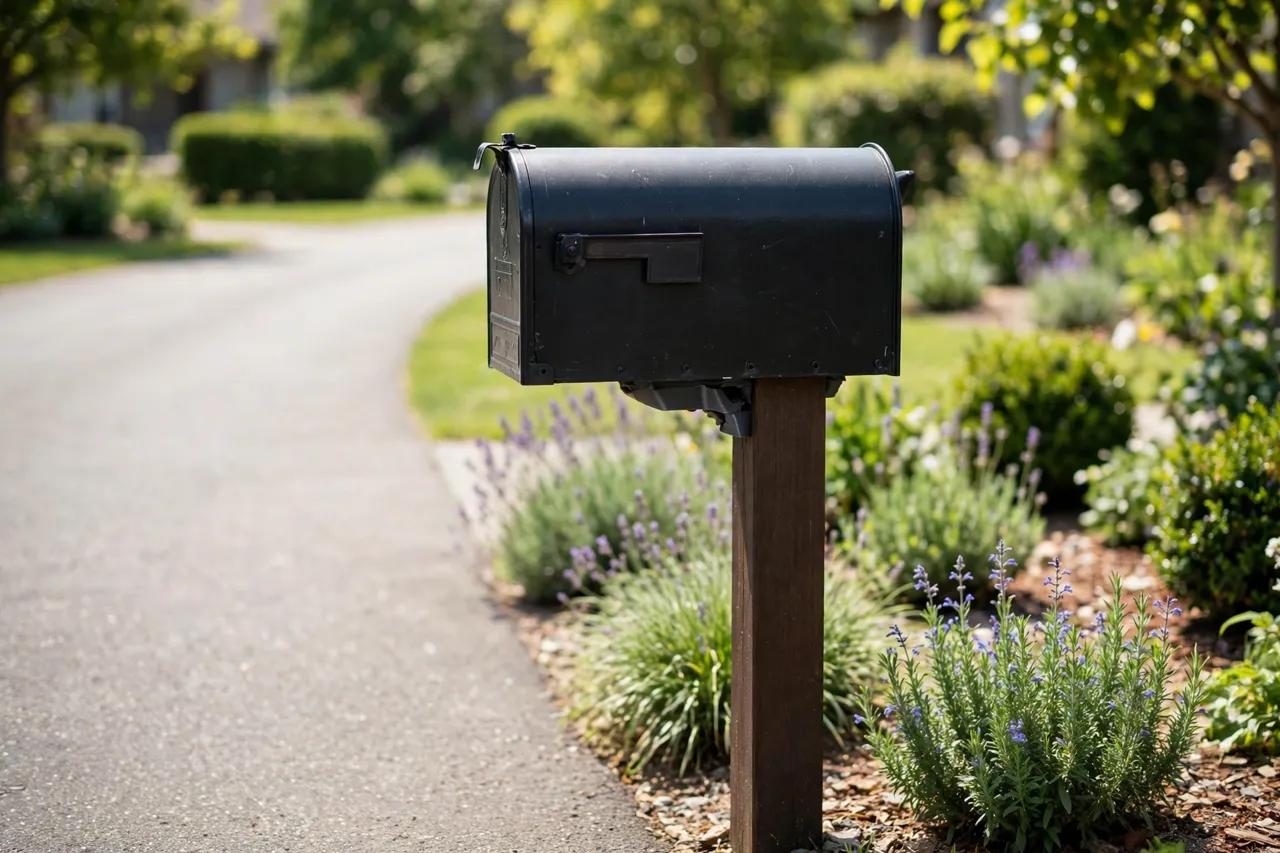 A finished mailbox mounted level and square on its post at the end of a driveway, the printed adapter hidden beneath the box