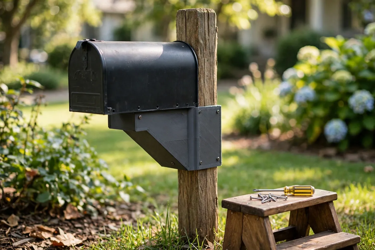 A bright sunny front-yard scene, a matte charcoal-gray 3D printed mailbox post adapter plate fitted between a black metal mailbox and a wooden post