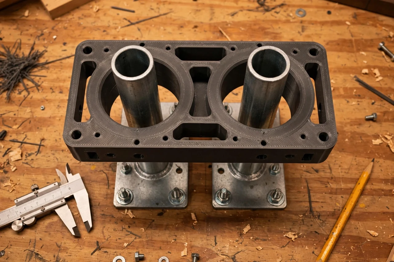 Close-up top-down view of a matte charcoal-gray 3D printed mailbox post alignment jig being test-fitted against mailbox posts and mounting plates on a workbench, calipers and a pencil nearby, warm workshop lighting