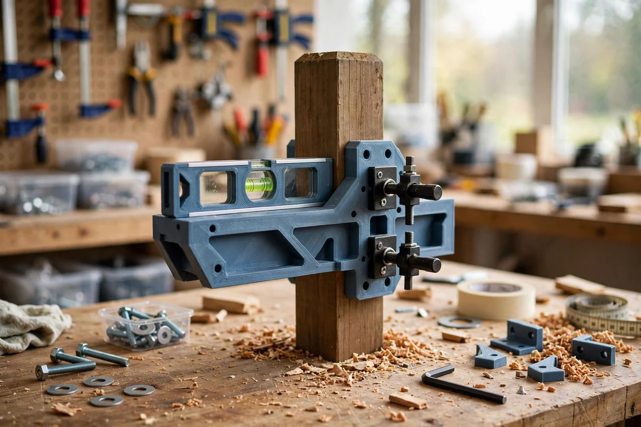 View of the finished 3D printed mailbox post alignment jig in use on a home repair project on a workbench, tidy workshop background in soft focus, bright natural light