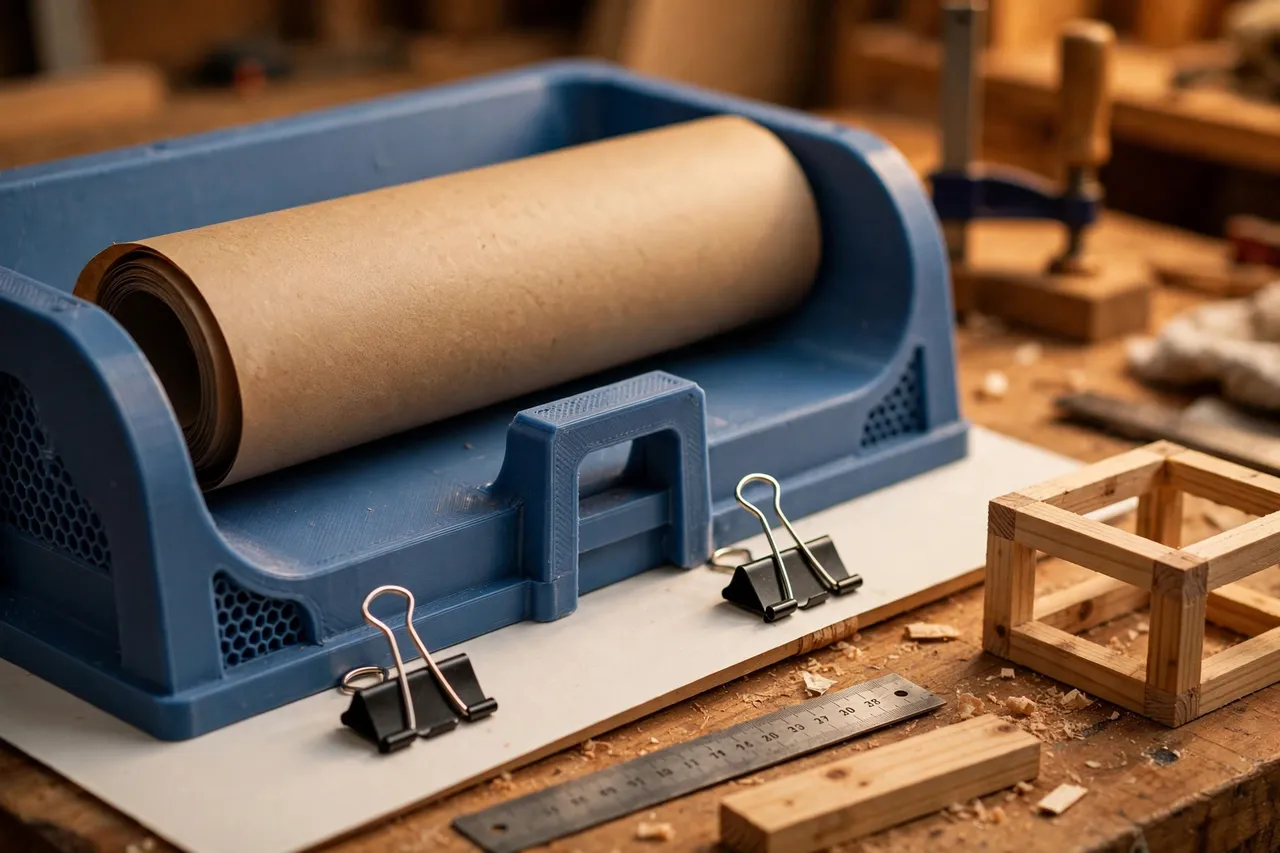 Close-up view of a 3D printed plan holder in matte blue plastic with a large rolled plan resting in a wide cradle