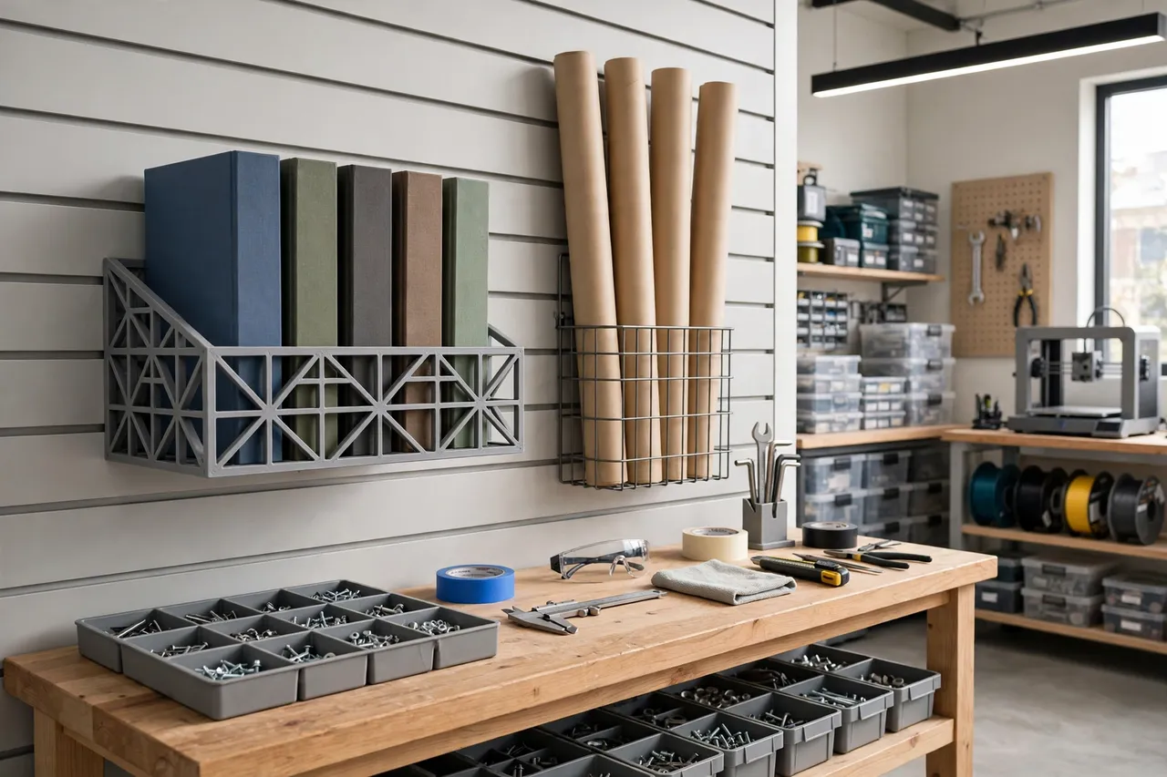 A tidy workshop wall with a mounted 3D printed manual holder holding several manuals upright beside a workbench