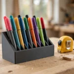 A bright home workshop scene on a light oak workbench