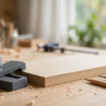 A bright home workshop scene on a light oak workbench