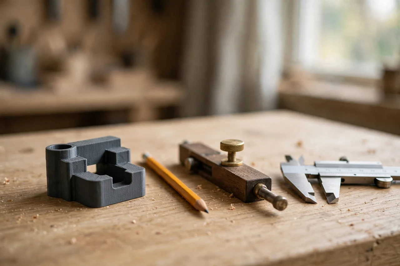 Home workshop scene on a light oak workbench, a matte charcoal-gray 3D printed marking gauge to pencil adapter beside a marking gauge and a pencil and a pair of calipers, soft natural window light, shallow depth of field
