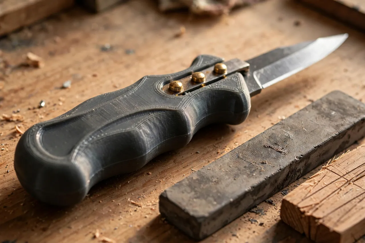 Close-up view of a 3D printed marking knife handle with a contoured grip and brass pins holding the steel blade