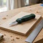 A bright home workshop scene on a light oak workbench