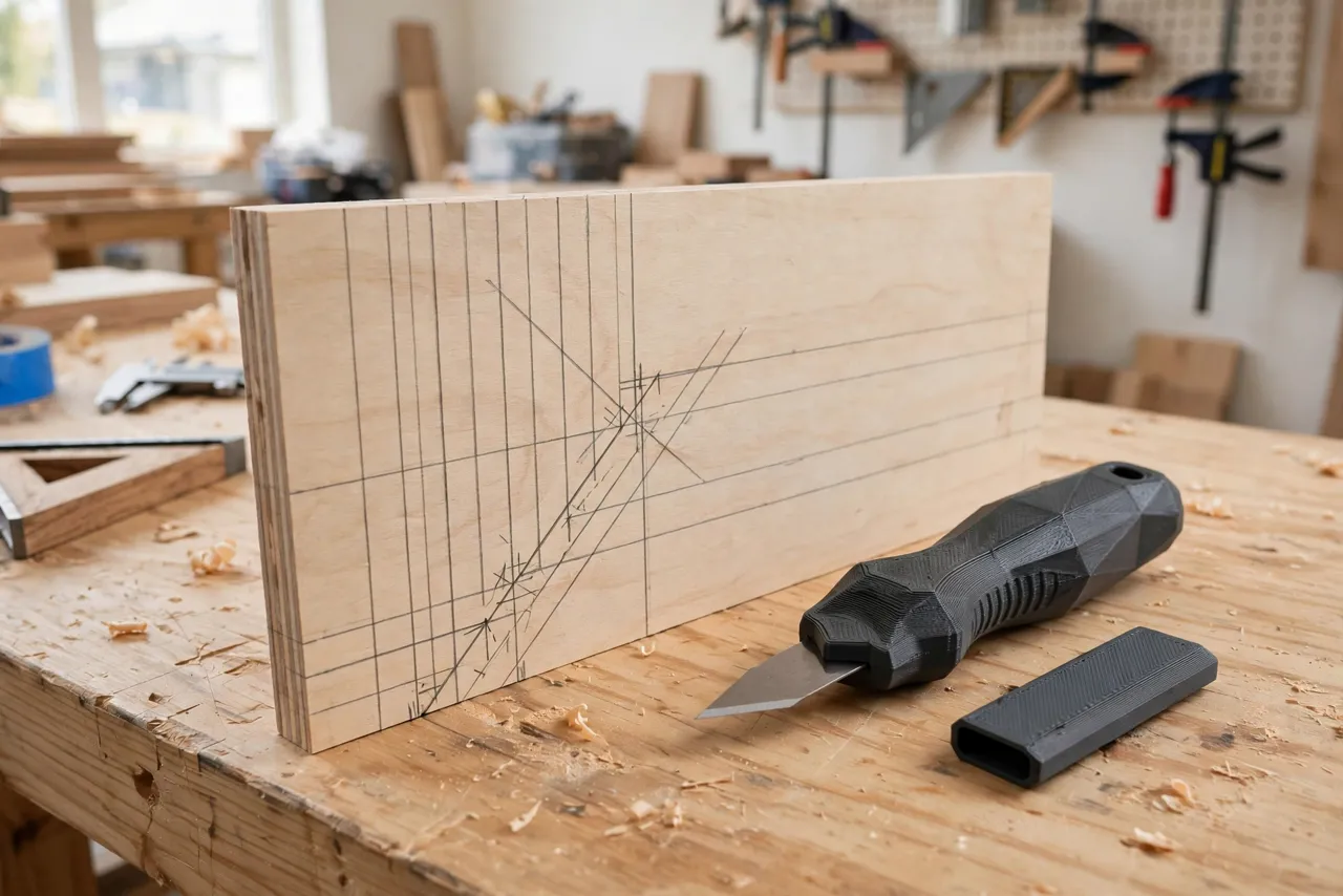 A woodworking bench scene with a wooden panel showing clean knife layout lines for a joint