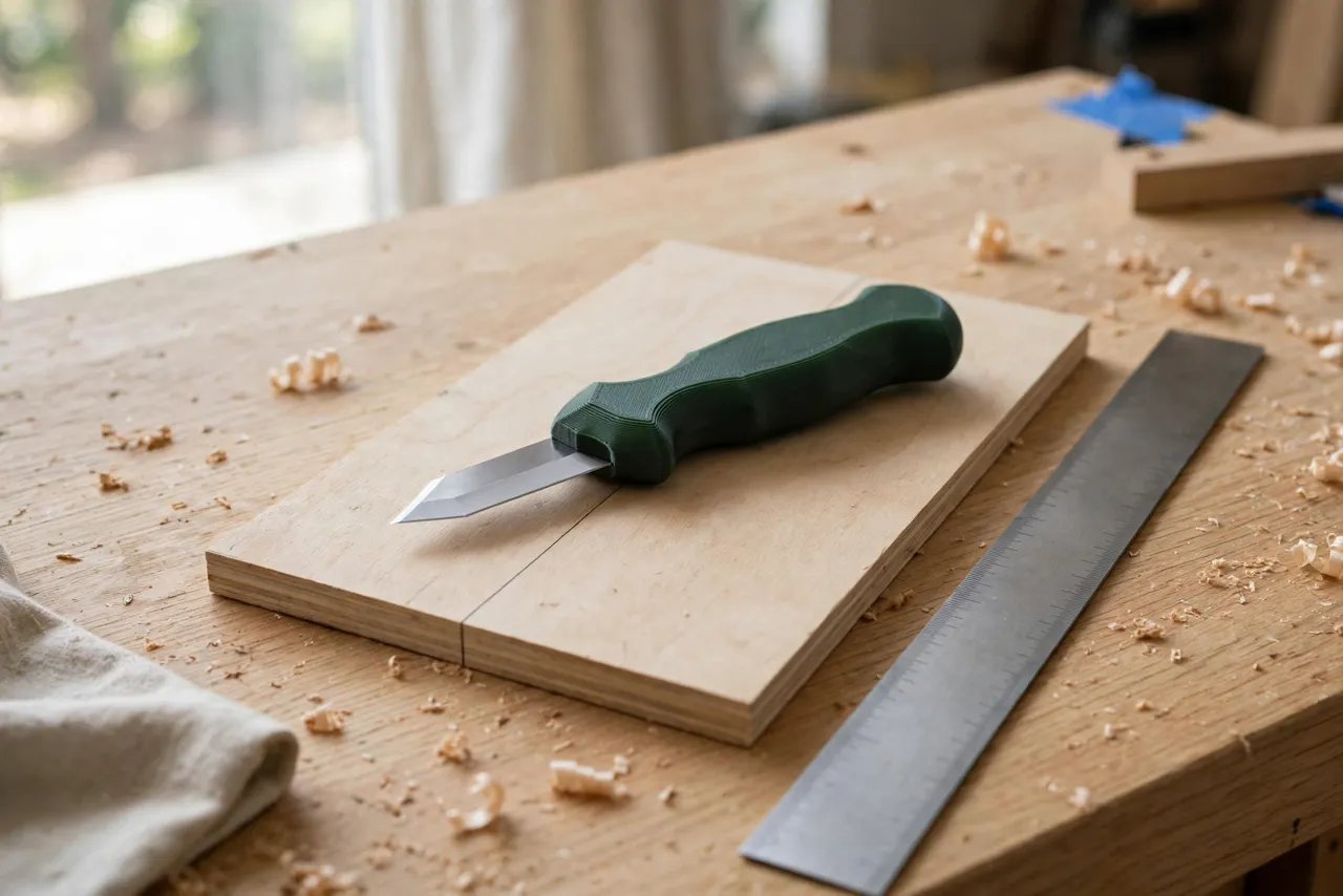 A bright home workshop scene on a light oak workbench