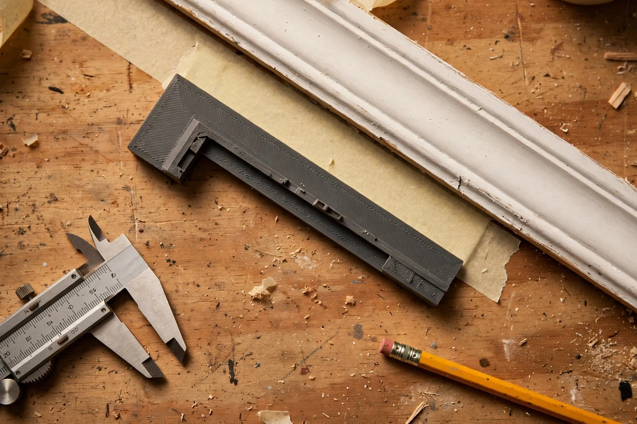 Close-up top-down view of a matte charcoal-gray 3D printed masking tape edge guide being test-fitted against masking tape and a trim edge on a workbench, calipers and a pencil nearby, warm workshop lighting