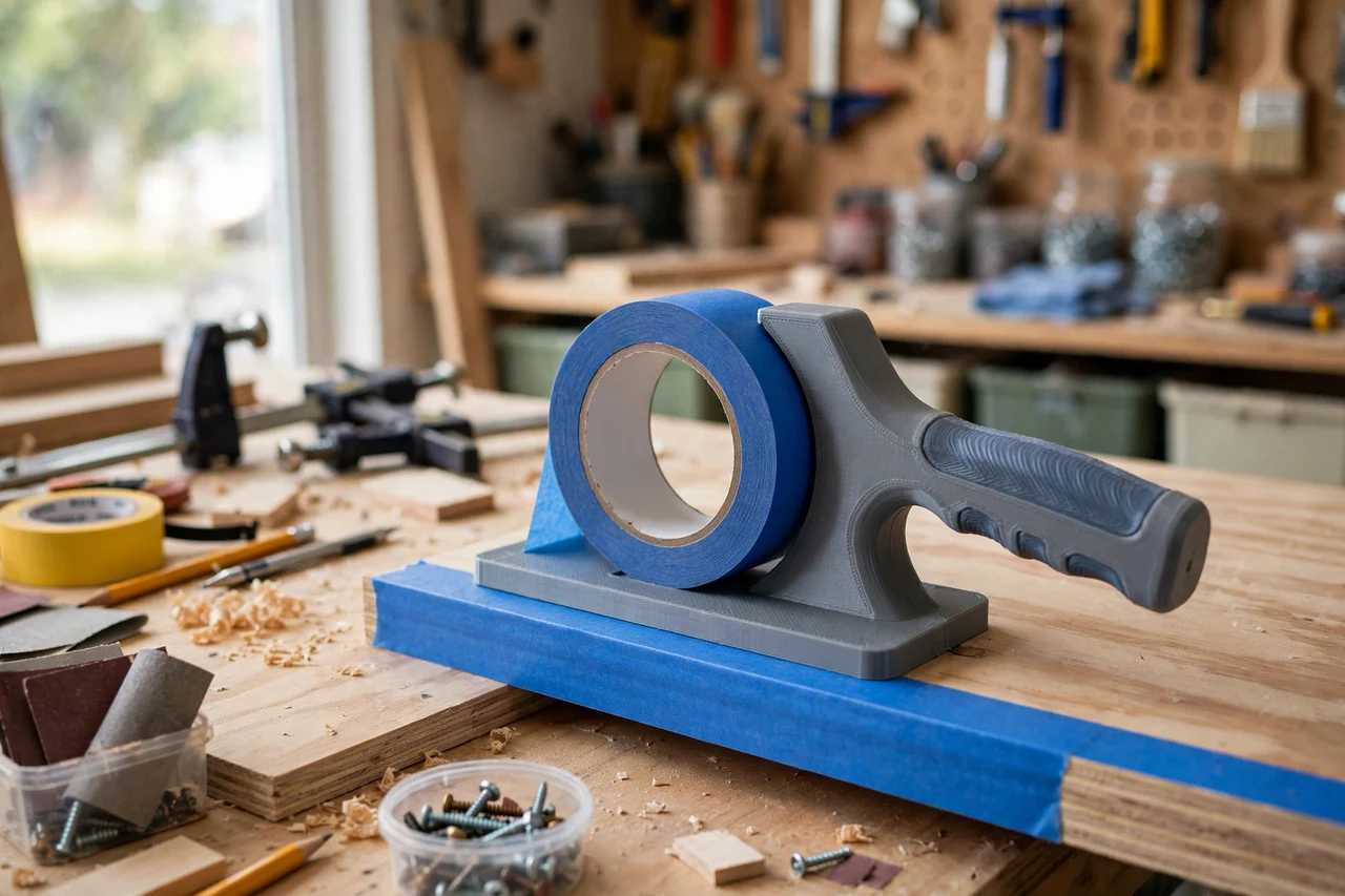 View of the finished 3D printed masking tape edge guide in use on a home improvement project on a workbench, tidy workshop background in soft focus, bright natural light