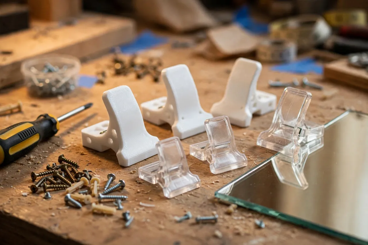 Close-up on a workbench of several 3D printed mirror clips in white and clear-looking plastic beside a small frameless mirror edge