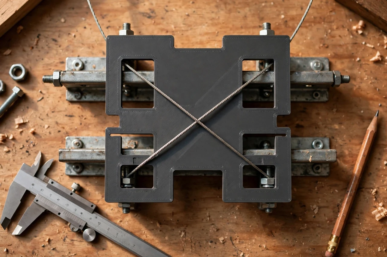 Close-up top-down view of a matte charcoal-gray 3D printed mirror hanging spacing template being test-fitted against mirror hanging wires and wall brackets on a workbench, calipers and a pencil nearby, warm workshop lighting