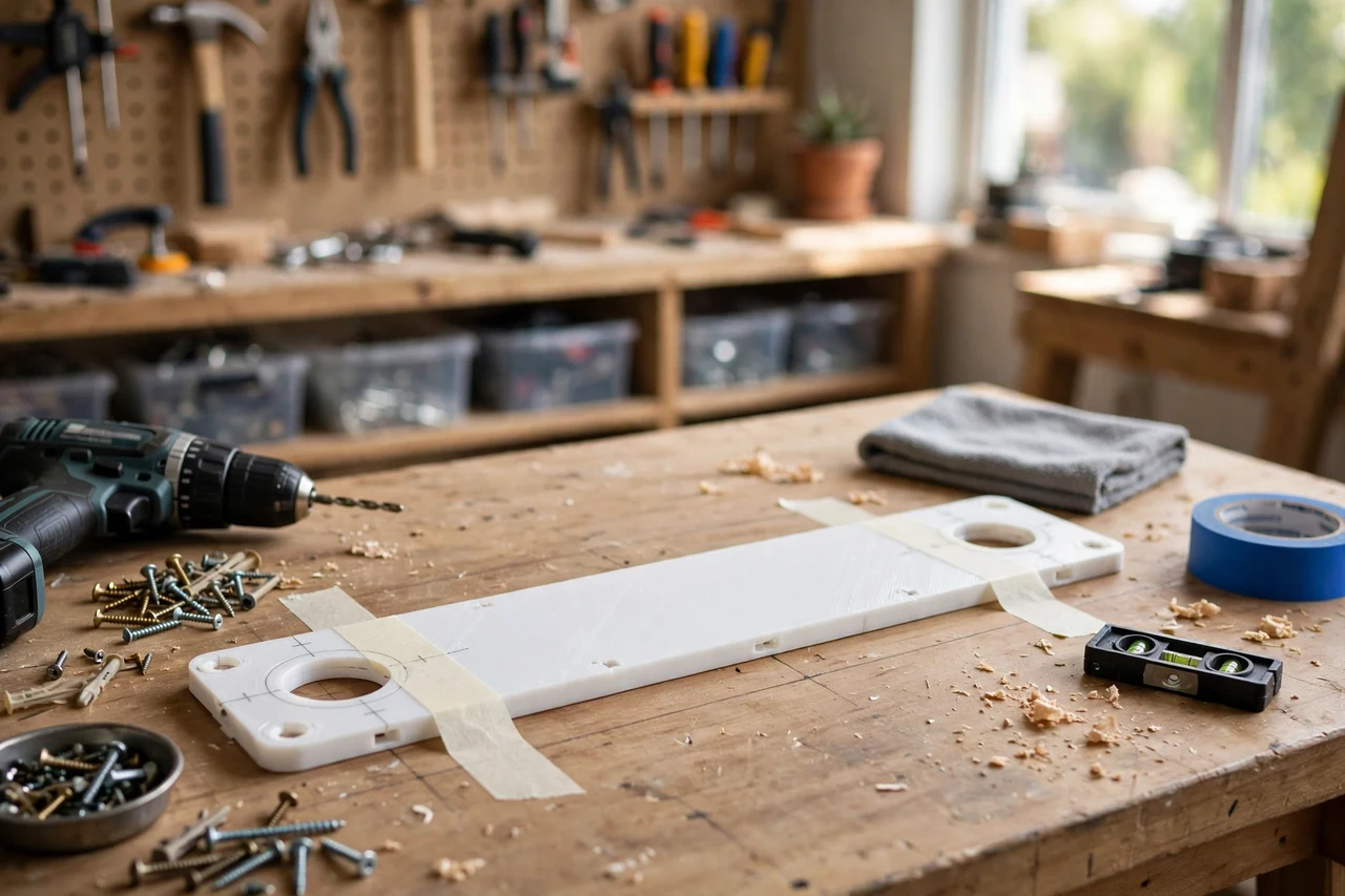 View of the finished 3D printed mirror hanging spacing template in use on a home repair project on a workbench, tidy workshop background in soft focus, bright natural light