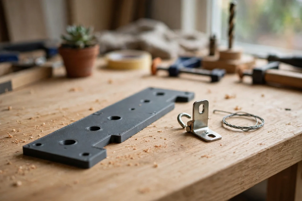 Home workshop scene on a light oak workbench, a matte charcoal-gray 3D printed mirror hanging spacing template beside a mirror hanging bracket and a short length of wire, soft natural window light, shallow depth of field