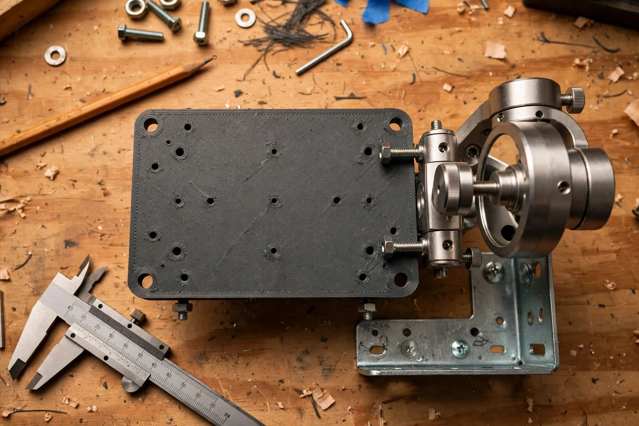 Close-up top-down view of a matte charcoal-gray 3D printed mirror mount adapter plate being test-fitted against a mirror mount and a wall fixing on a workbench, calipers and a pencil nearby, warm workshop lighting