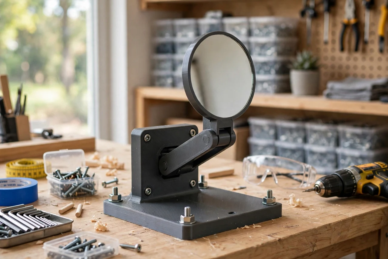 View of the finished 3D printed mirror mount adapter plate in use on a home repair project on a workbench, tidy workshop background in soft focus, bright natural light