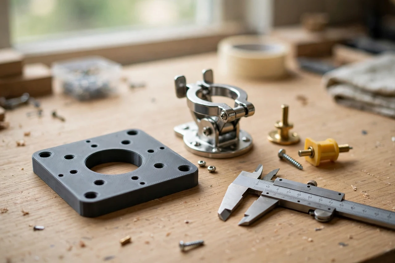 Home workshop scene on a light oak workbench, a matte charcoal-gray 3D printed mirror mount adapter plate beside a mirror mount and a wall fixing and a pair of calipers, soft natural window light, shallow depth of field