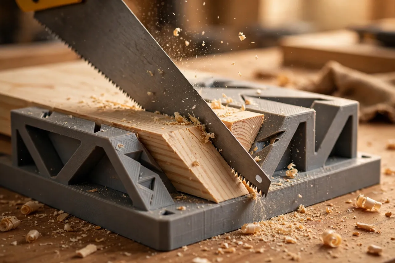 Close-up view of a hand saw blade running through the angled guide slots of a 3D printed miter box, cutting a pine board, warm workshop lighting