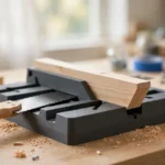 A bright home workshop scene on a light oak workbench