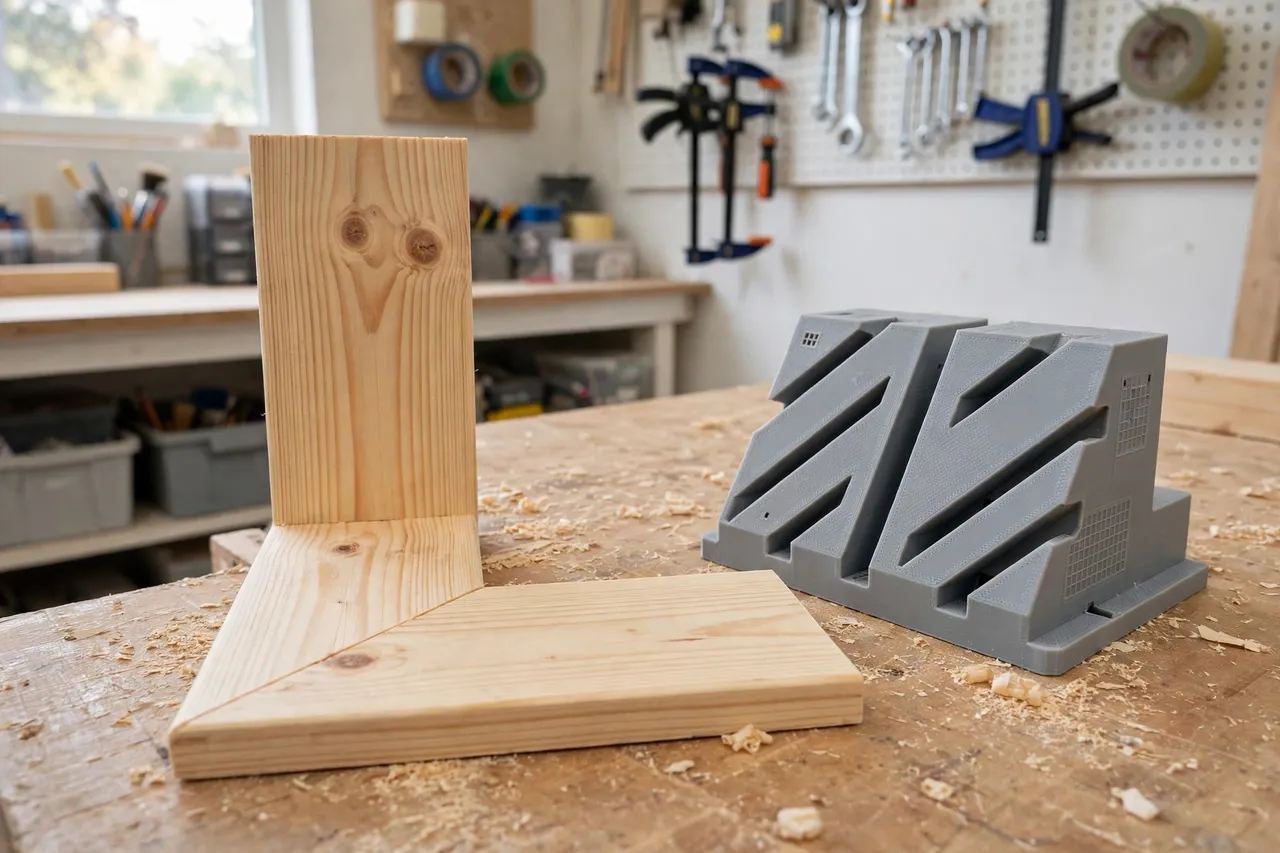 Two pine trim pieces with clean 45-degree mitered ends joined to form a neat corner on a workbench beside the printed miter box