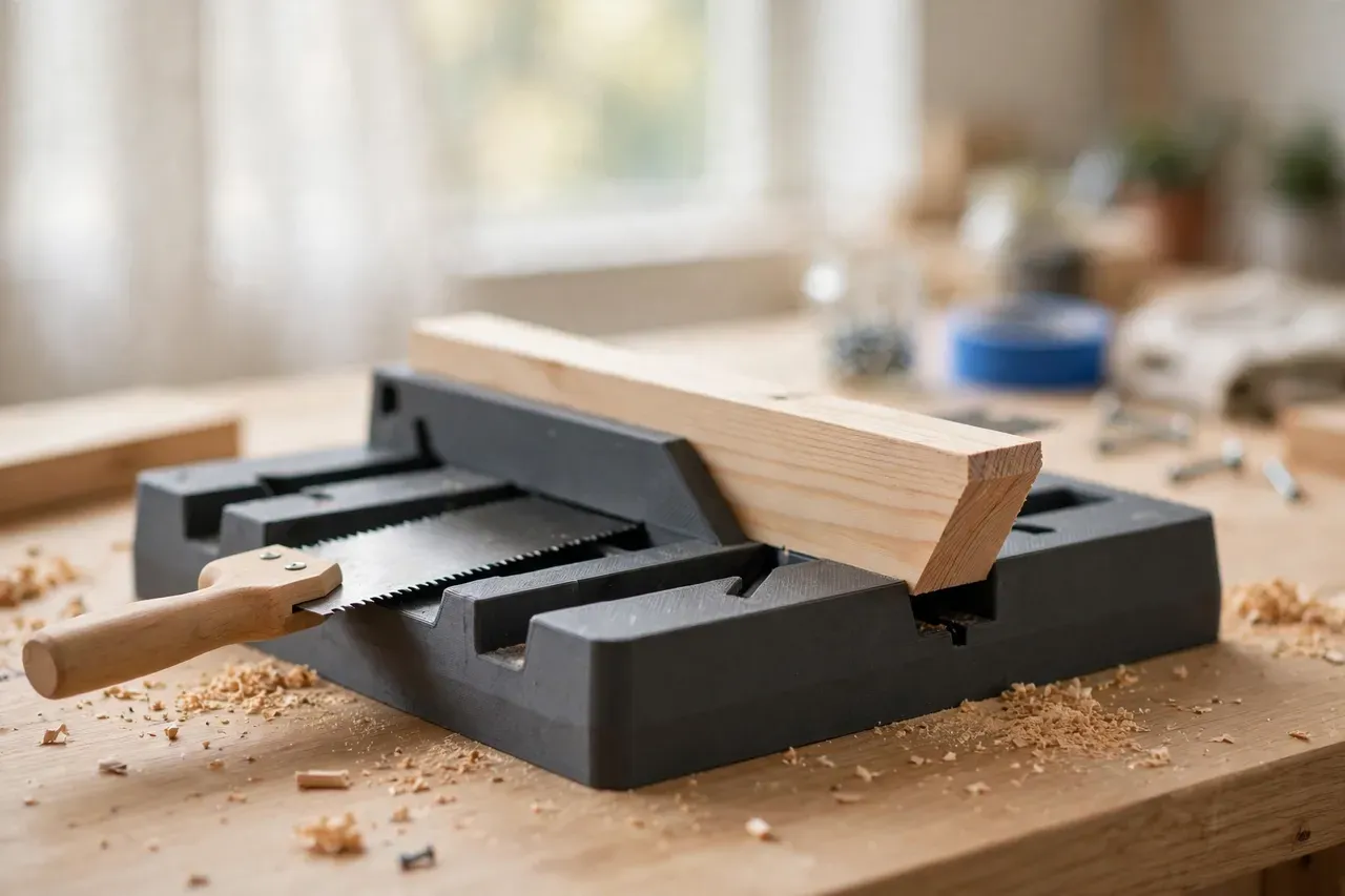 A bright home workshop scene on a light oak workbench
