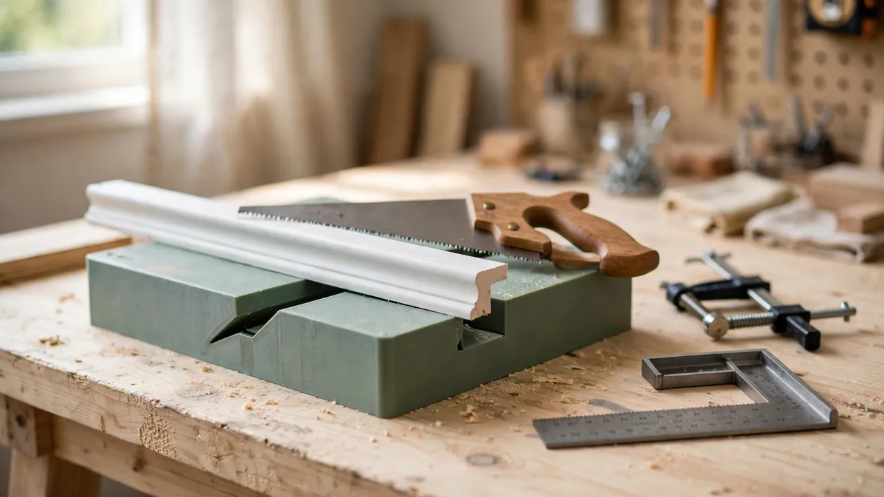 A bright home workshop scene on a light pine workbench