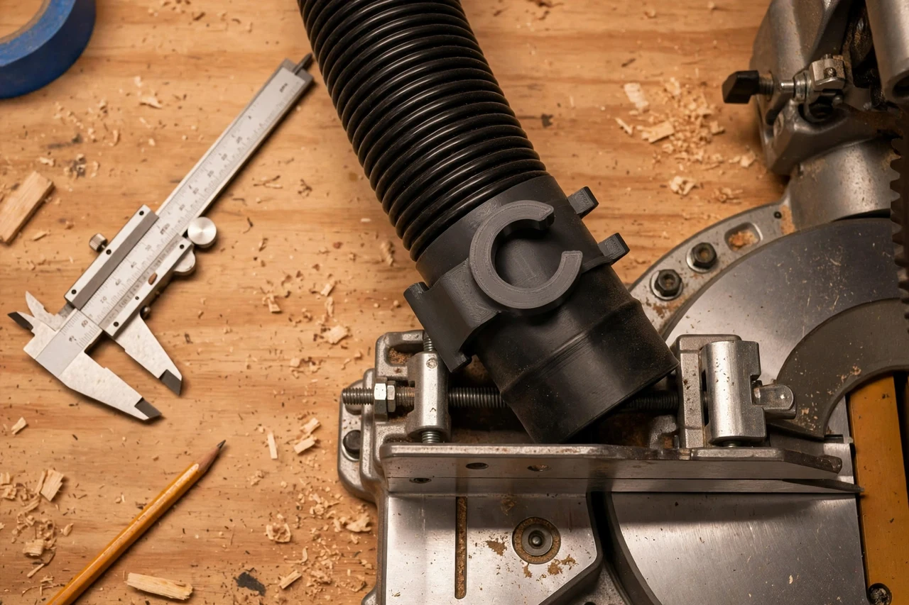 Close-up top-down view of a matte charcoal-gray 3D printed miter saw dust hose clips being test-fitted against a dust hose clipped to a miter saw stand on a workbench, calipers and a pencil nearby, warm workshop lighting