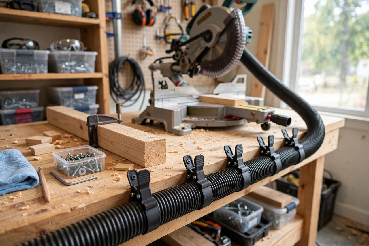 View of the finished 3D printed miter saw dust hose clips in use on a home repair project on a workbench, tidy workshop background in soft focus, bright natural light
