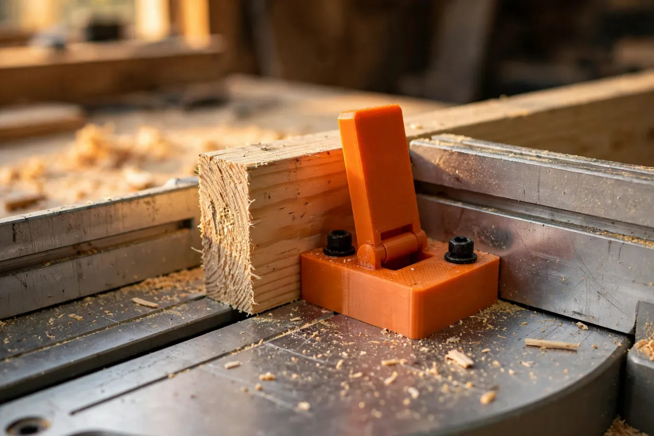 Close-up view of a 3D printed flip stop on a miter saw fence with a board end pressed firmly against its stop face
