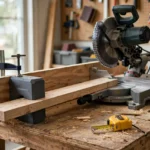 A bright home workshop scene with a miter saw on a workbench