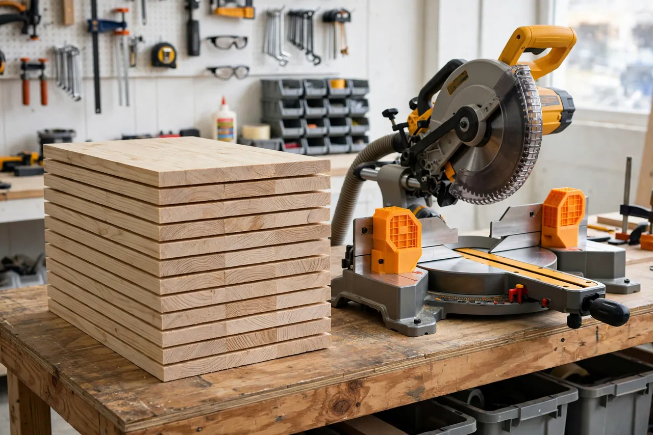 A neat stack of identical cut wooden boards on a workbench beside a miter saw fitted with 3D printed stop blocks, bright clean workshop