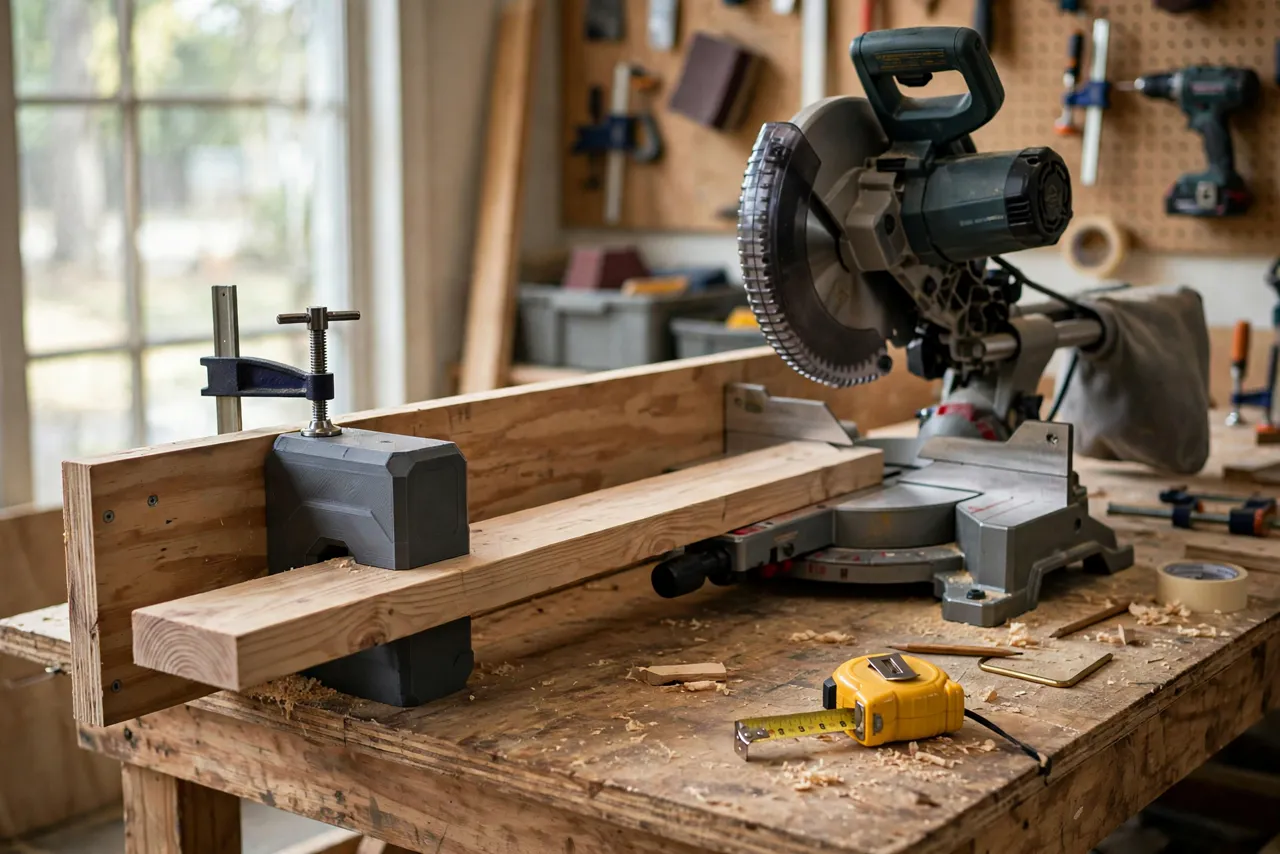 A bright home workshop scene with a miter saw on a workbench