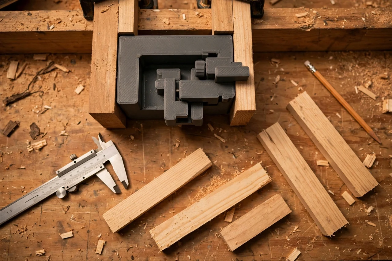 Close-up top-down view of a matte charcoal-gray 3D printed miter saw stop block gauge being test-fitted against miter saw stop blocks and cut lengths on a workbench, calipers and a pencil nearby, warm workshop lighting
