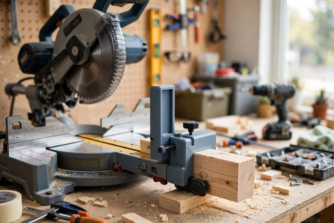 View of the finished 3D printed miter saw stop block gauge in use on a home repair project on a workbench, tidy workshop background in soft focus, bright natural light
