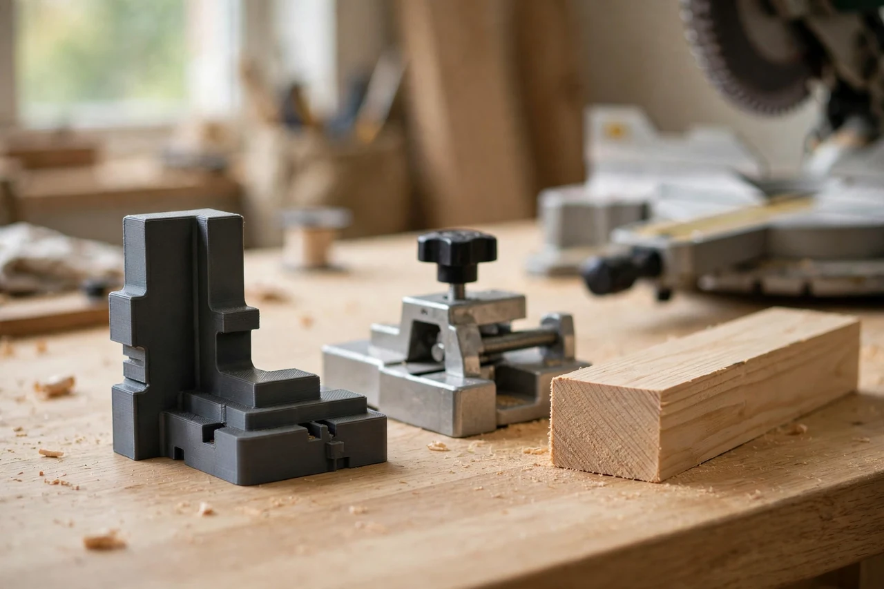 Home workshop scene on a light oak workbench, a matte charcoal-gray 3D printed miter saw stop block gauge beside a miter saw stop block and a cut length, soft natural window light, shallow depth of field