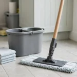 A bright utility room scene on a tiled floor