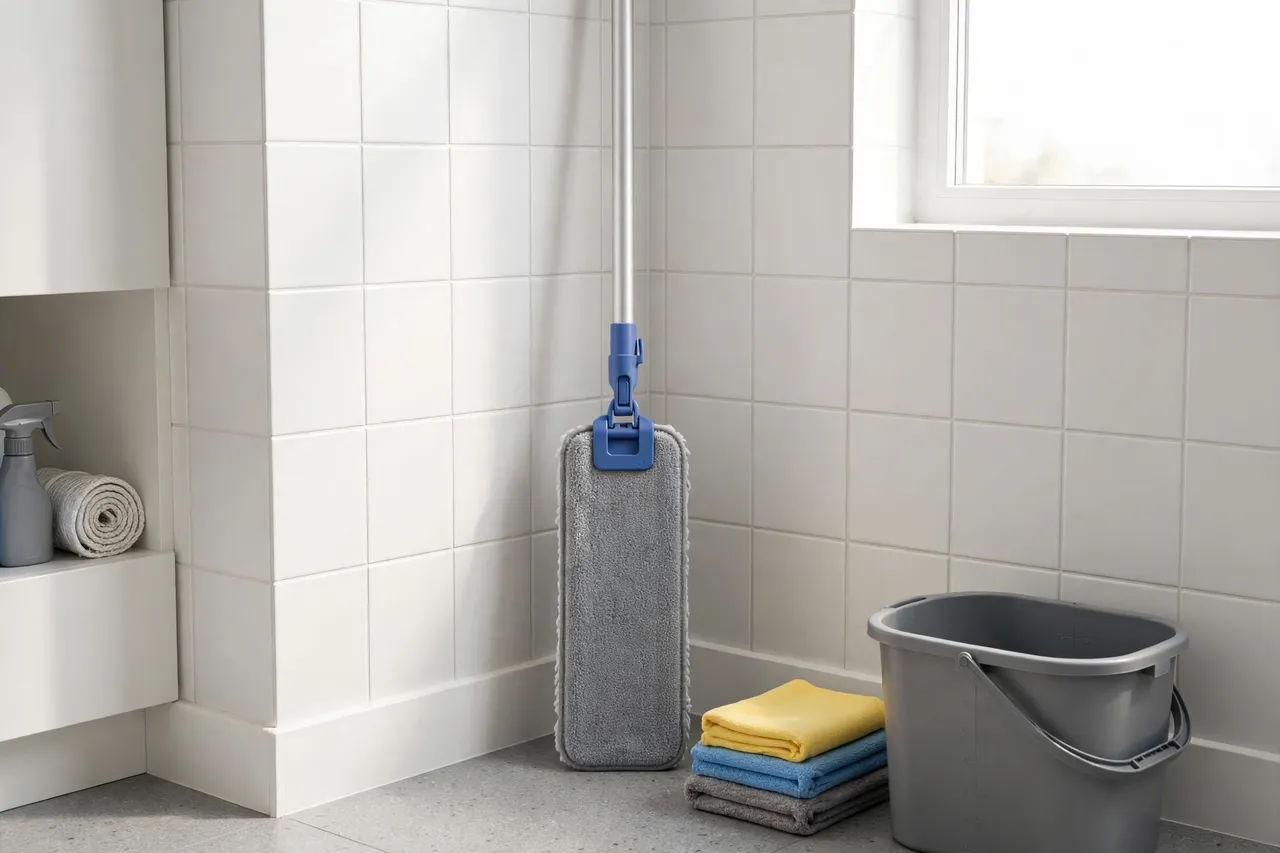 A finished mop standing upright in a clean utility corner, adapter visible where handle meets head