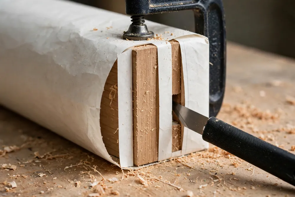 Close-up of a printed wrap-around layout template clamped over the end of a table leg blank