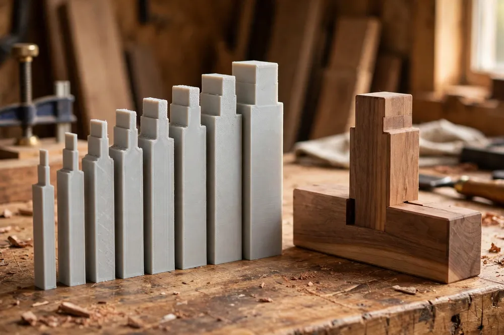 A row of printed tenon templates in stepped thicknesses standing on a bench next to a finished test joint in two pieces of hardwood