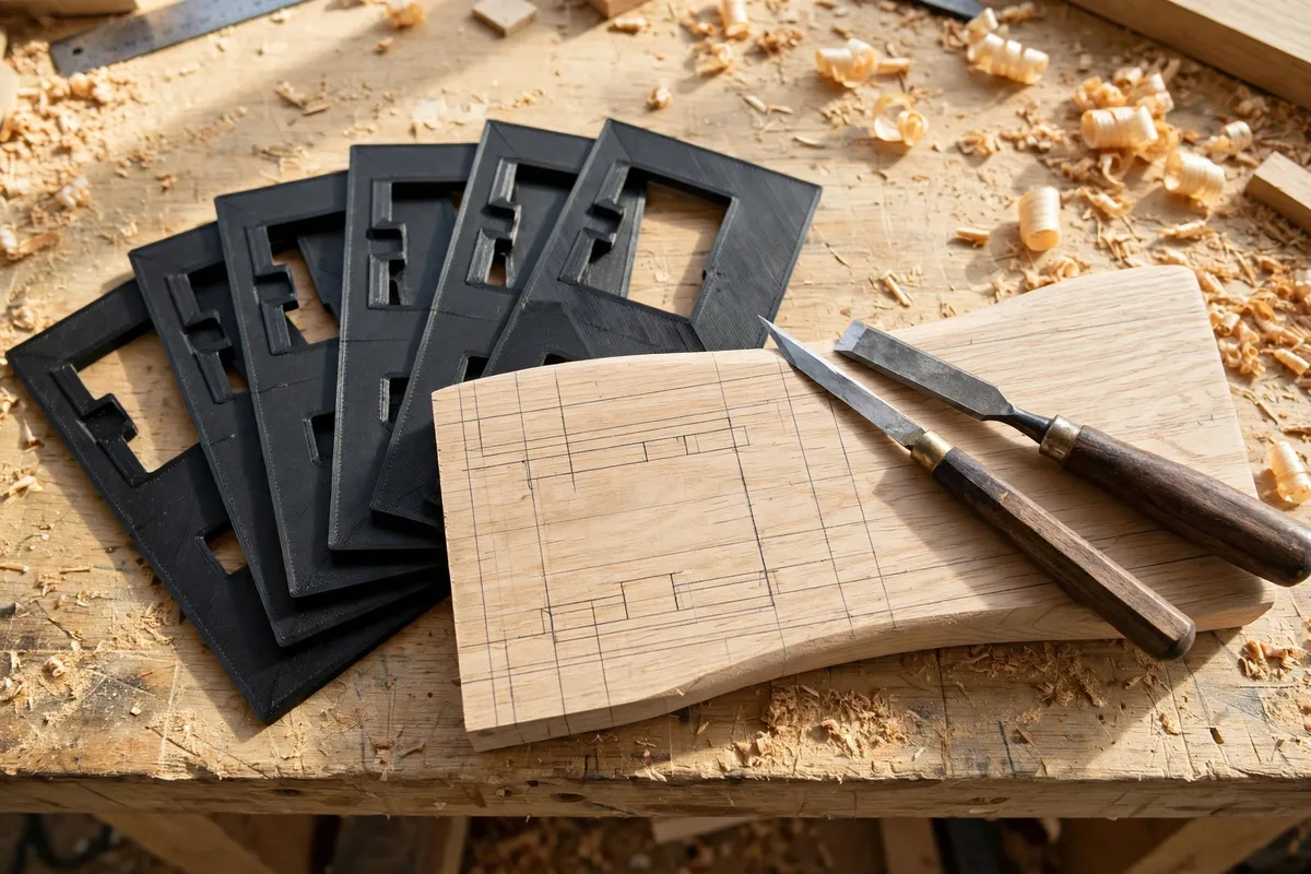A woodworking bench in bright light with a set of matte black 3D printed mortise layout templates fanned beside a piece of pale oak stock, a sharp