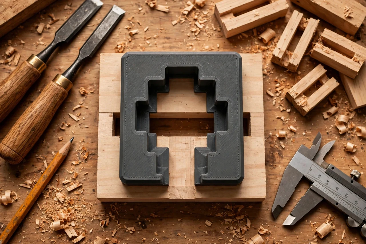 Close-up top-down view of a matte charcoal-gray 3D printed mortise width measuring gauge being test-fitted against mortise chisels and joint blanks on a workbench, calipers and a pencil nearby, warm workshop lighting