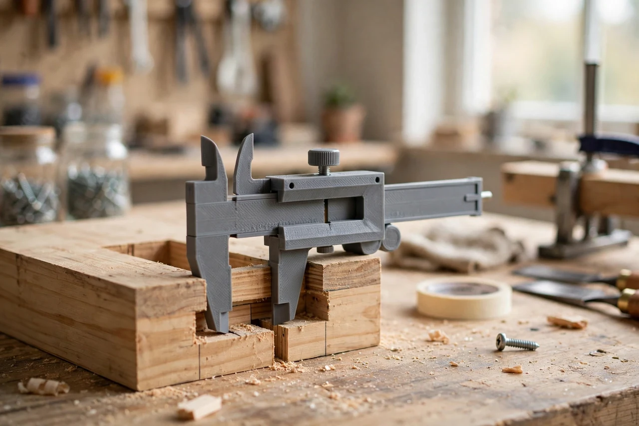 View of the finished 3D printed mortise width measuring gauge in use on a home repair project on a workbench, tidy workshop background in soft focus, bright natural light